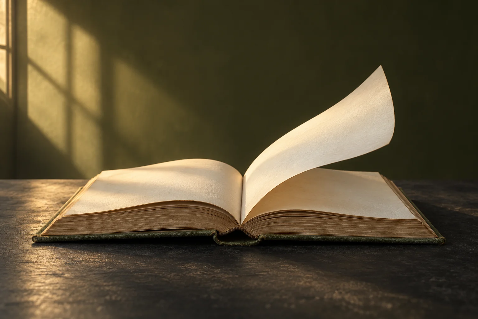 كتاب مفتوح ترفع نسمة إحدى صفحاته في ضوء دافئ