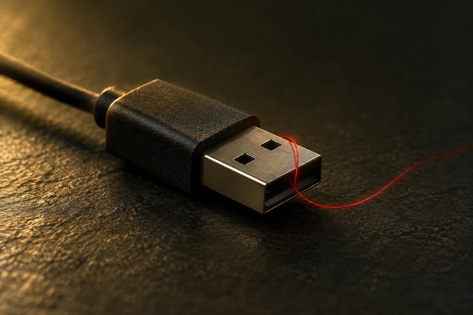 وصلة حاسوب معدنية يتسلل إلى طرفها خيط أحمر